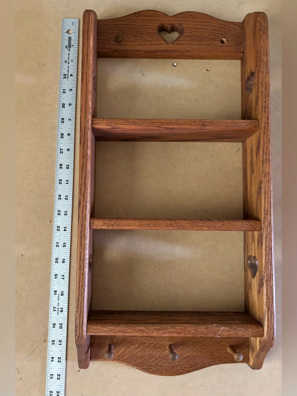 Hand Crafted Brown Wooden Wall Shelf with Heart Accent